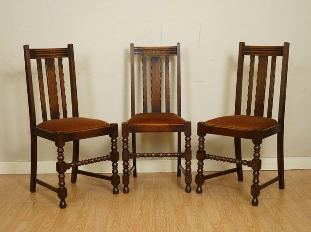 Antique Carved Oak Dining Chairs with Bobbin Turned Legs 1920s