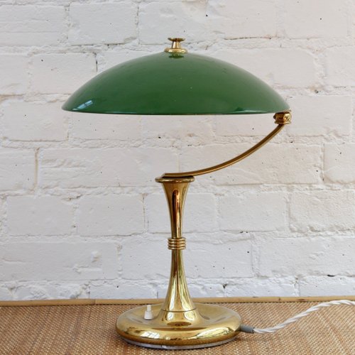 Italian Mid Century Brass Desk Lamp with Green Shade 1950s for