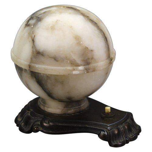 Art Deco White and Black Alabaster Globe Sphere Night Lamp, 1930s for sale at Pamono
