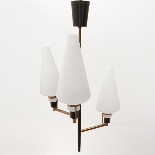 Italienischer Kronleuchter aus Messing & Glas mit Drei Leuchten, 1950er Italienischer Kronleuchter aus Messing & Glas mit Drei Leuchten, 1950er