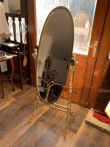 Vintage Italian Brass Standing Cheval Mirror with Oval Frame