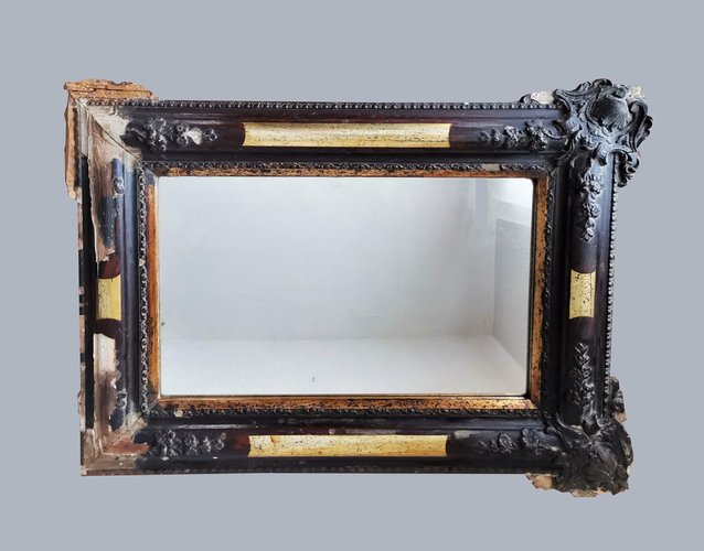 Biedermeier Spiegel mit Rahmen aus Blattgold & dunklem Holz, 19. Jh