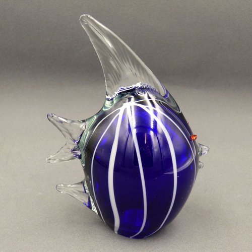 Sculpture de poisson en verre de Murano - Rayures bleues et
