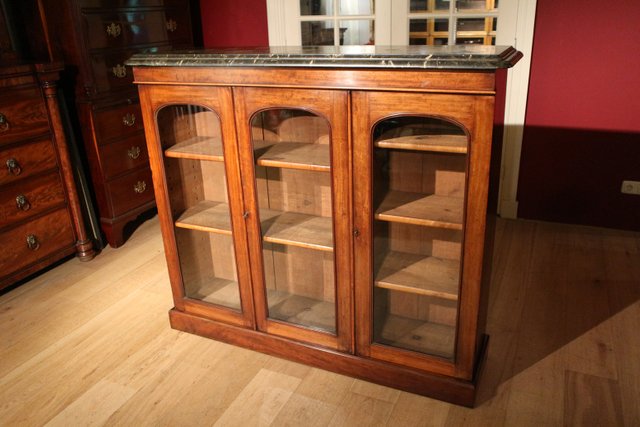 Three Door Bookcase Cabinet In Mahogany, Antique Glass Bookcase With Drawers And Doors