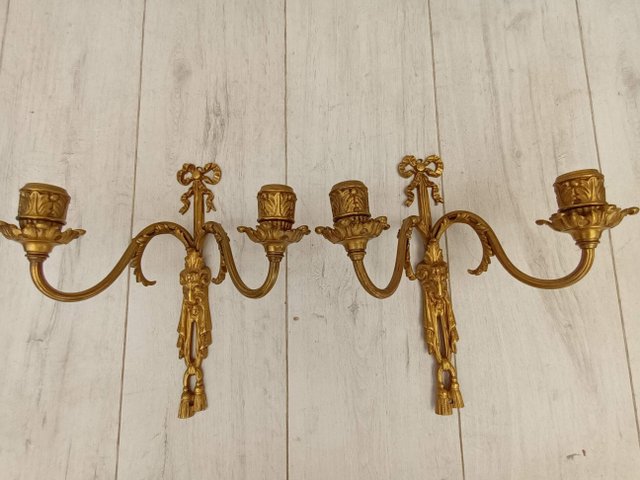 Antique French Rococo Wall Candleholders in Gilt Brass Set of 2