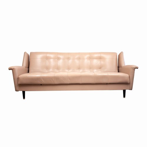 Mid Century Studded Pink Vinyl Sofa Bed 1950s