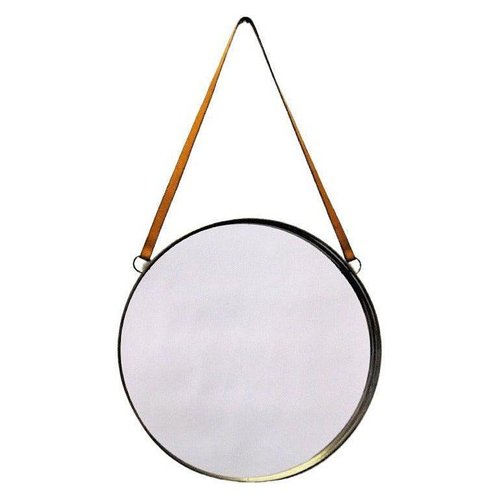Vintage Brass Mirror By Bror Moje, Retro Round Wall Hanging Mirror With Leather Strap