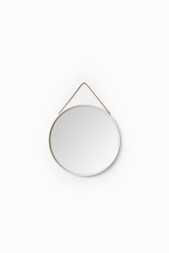 Vintage White Round Mirror With Leather, Mirror With Leather Strap