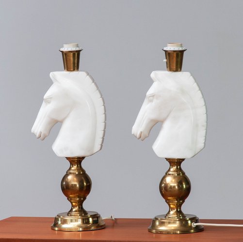 Italian White Horse Head Alabaster Table Lamps 1970s Set of 2