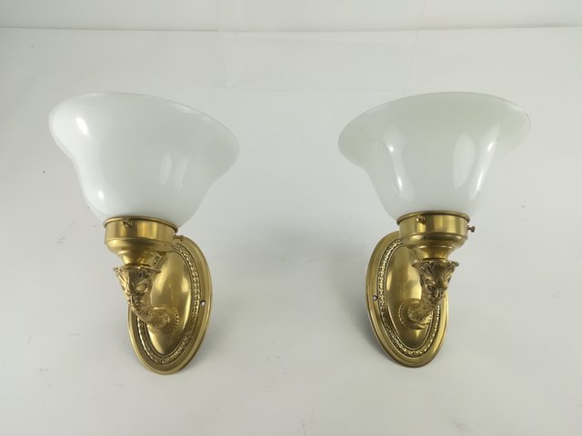 Vintage  French pair of wall lights sconces wood metal  opaline glass shades 