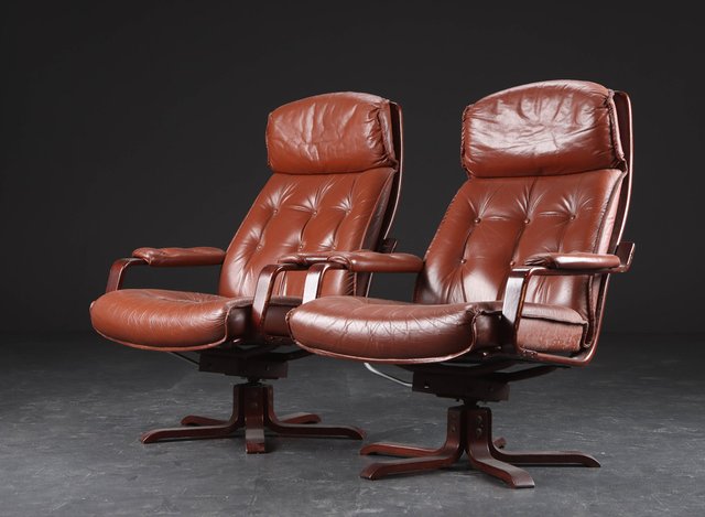 Danish Brown Leather Swivel Chairs Set, Brown Leather Swivel Chair Office