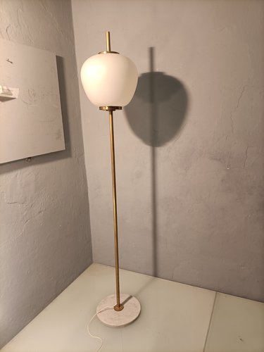 Floor Lamp In Brass With Opaline Glass, Silver Floor Lamp With Marble Base