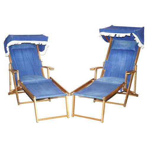 Set of Antique Haxyes Steamer Deck Chairs with Canopy Top and