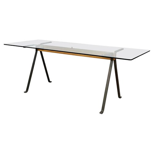 Modern Italian Glass Wood Steel Dining Table Frate by Enzo Mari for Driade,  1973