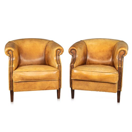 20th Century Dutch Leather Club Chairs, Caramel Colored Leather Chairs