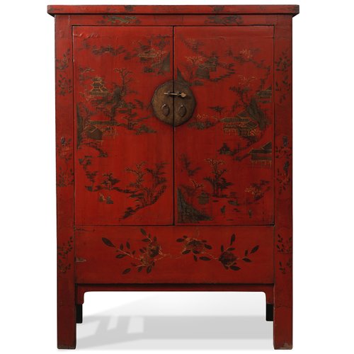 Red Lacquer Gold Painted Wedding, Red Asian Lacquer Dresser