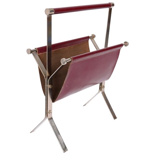MidCentury Chromed Steel and Red Leather Magazine Rack from Alessandro