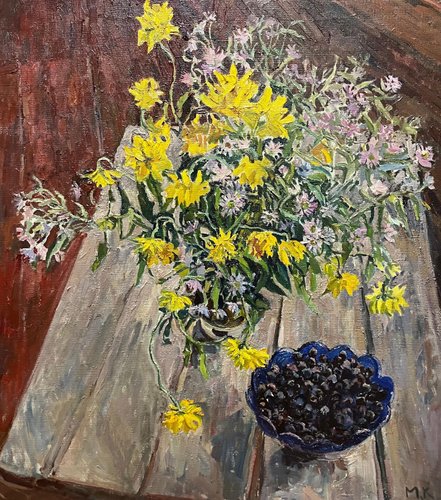 Maya Kopitzeva, Flowers and Blueberries, 2000s, Oil on Canvas