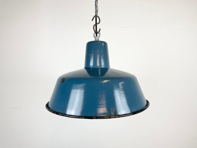 Blue Enamel Factory Pendant Lamp, 1960s 
