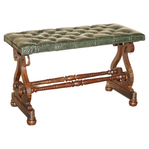 Victorian Green Leather Chesterfield Style Tufted Bench, 1900s for