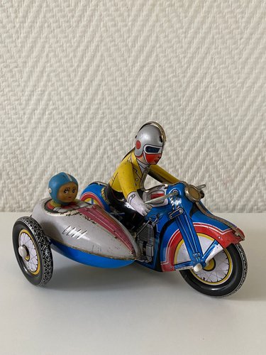 Vintage Wind-Up Tin Toy Motorcycle with Co-Driver & Key for