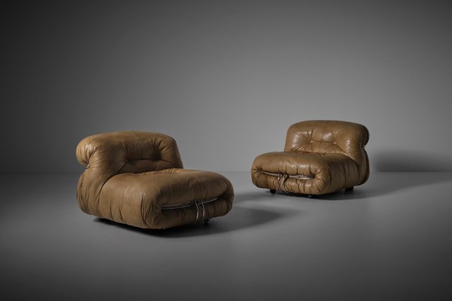 Italian Soriana Lounge Chairs in Cognac Leather by Afra & Tobia