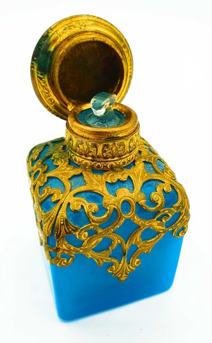 Royal Blue Opaline Glass Perfume Bottle with a Miniature of Paris