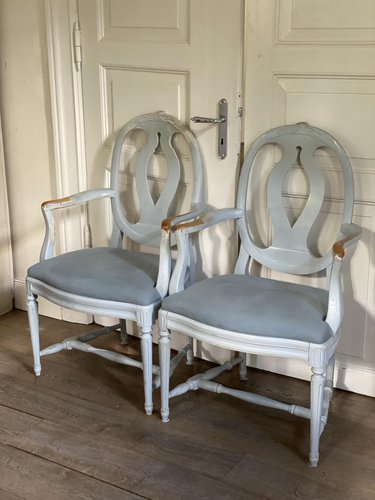 Antique Gustavian White Upholstered Armchairs 1890 Set of 2