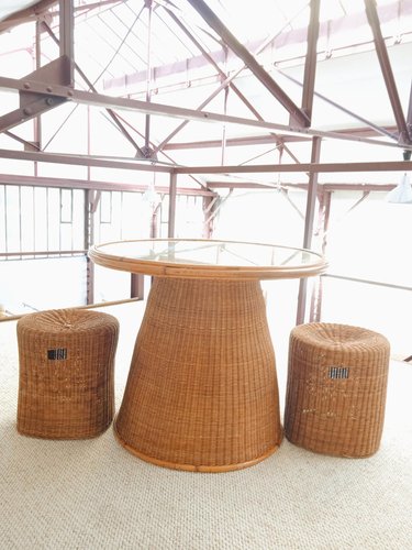 Circular Rattan Table with 2 Stools, Set of 3 for sale at Pamono