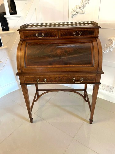 Antique Edwardian Mahogany Freestanding Inlaid Cylinder Desk by Maple Co. London 1900s