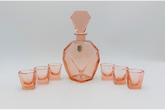 Tschechische Art Deco Art Deco Likörkaraffe und Gläser, 1930er, 7er Set ...