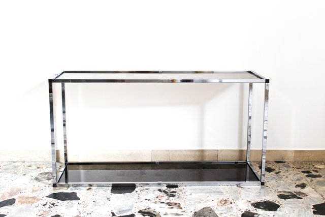 Tble console Willy Rizzo en bois, liton, chrome et verre fumé, 1970
