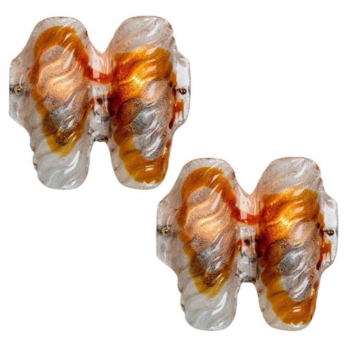 Murano Clear and Orange Glass Wall Lights, 1970s, Set of 2 for sale at