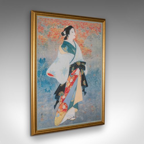 肉筆画美人画 GeishaGirl 着物アンティーク風画額縁付 Japanese-Geisha-Girl-Lounging-