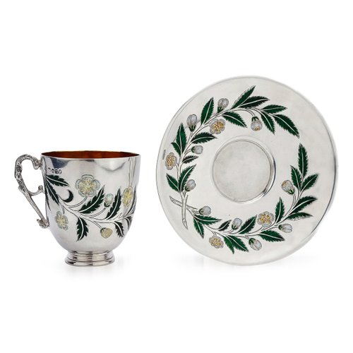 Taza de té victoriana de plata y esmalte Champleve, siglo XIX, 1875 ...