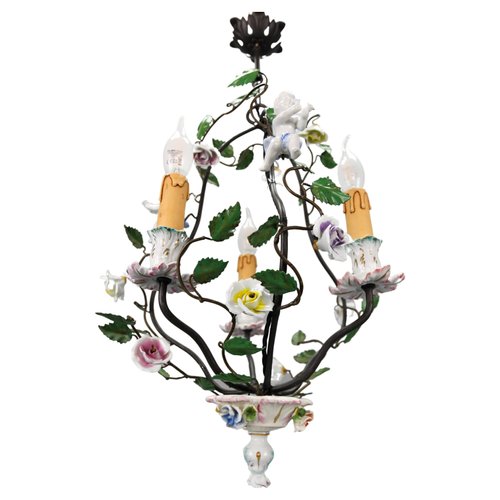 Lámpara de araña estilo Rococó de porcelana y metal con tres luces ...