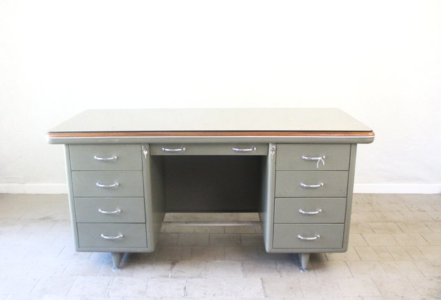 Vintage Steel and Leather Industrial Desk 1940s for sale at Pamono