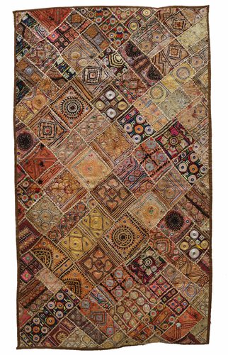 Tapis Mural Ou Tapisserie Brodée Main Patchwork - Coton Rouge - Artisanat Indien - Décoration Bohème