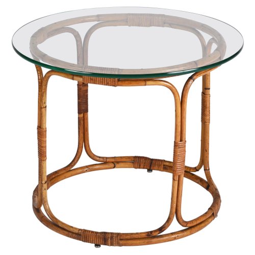 Tavolino Da Esterno In Vimini PE Intrecciato A Mano Con Piano In Vetro, Tavolo Bistrot Quadrato Per Giardino E Patio, Marrone