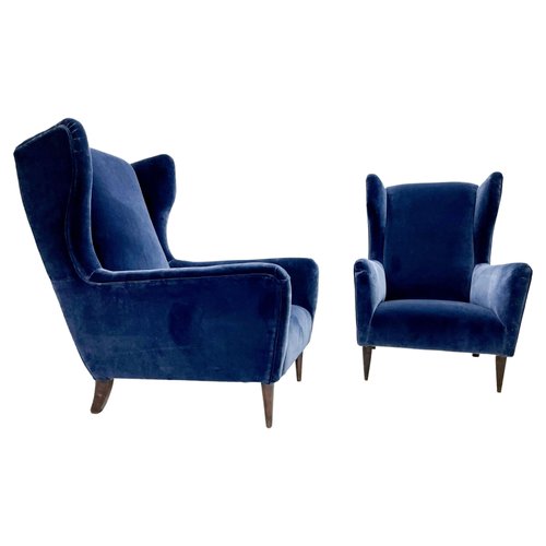 Set of Mid-Century Italian Modern Armchairs in Blue Velvet, 1950s