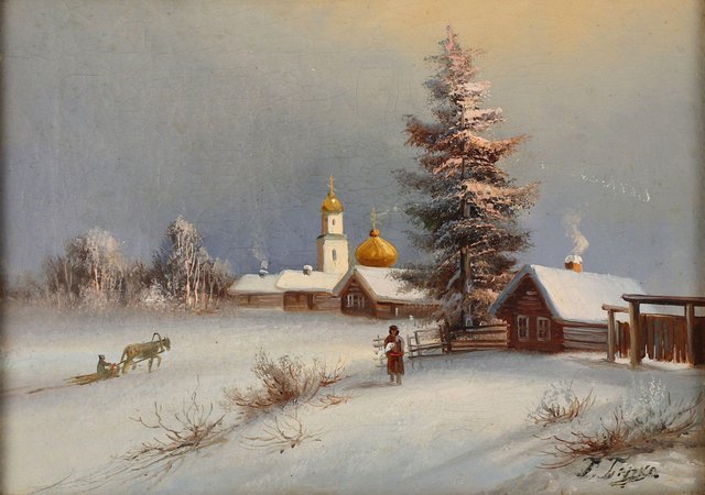 Winterlandschaft mit russischem Dorf, 19. Jh., Öl auf Leinwand, gerahmt ...