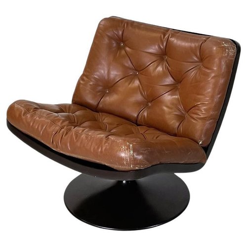 Italian Space Age Armchair in Brown Leather and Black Plastic by Play 1970s