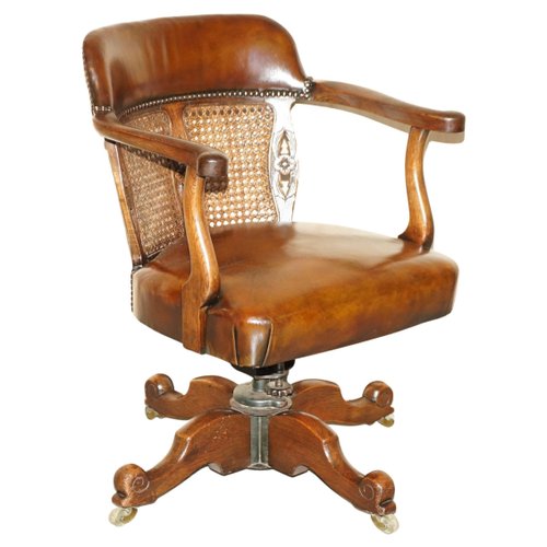 Antique Barrel Back Captains Chair in Brown Leather, 1880 for sale at