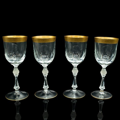 4 Antique Wine Glasses, Vintage Pressed Glass Square Stem Wine