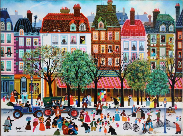 Hiro Yamagata, Lively Paris Street, 1973, Oil on Canvas for