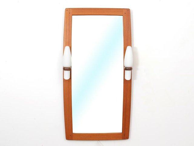 Mid-Century Modern Teak Mirror with Opaline Glass Lamps from