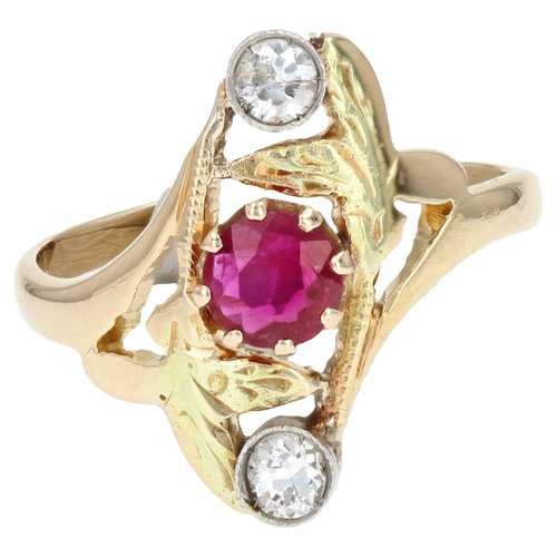 Bague En Or 18 Carats Avec Rubis Et Diamants - Magnifique Solitaire Vintage, 2.89 Grammes