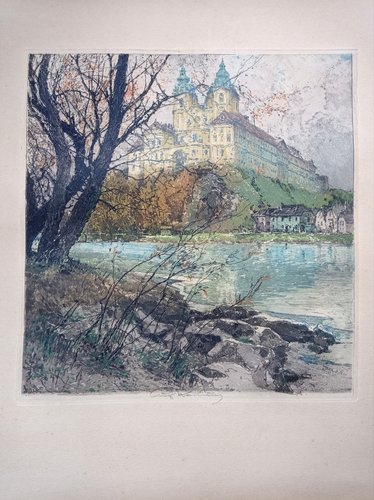 Luigi Kasimir, View from Vienna (Melk Abbey), Handcoloured Etching