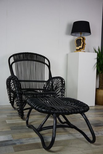 Rattan Armchair with Ottoman Set of 2 for sale at Pamono