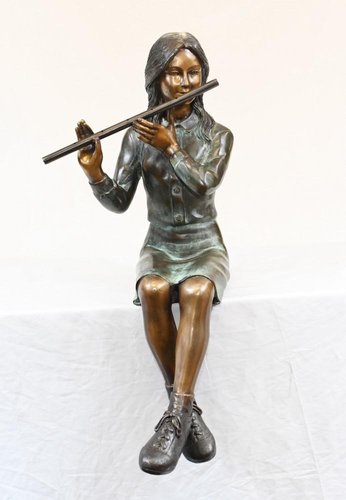 Female Bronze Flute Player Statue Seated Girl for sale at Pamono